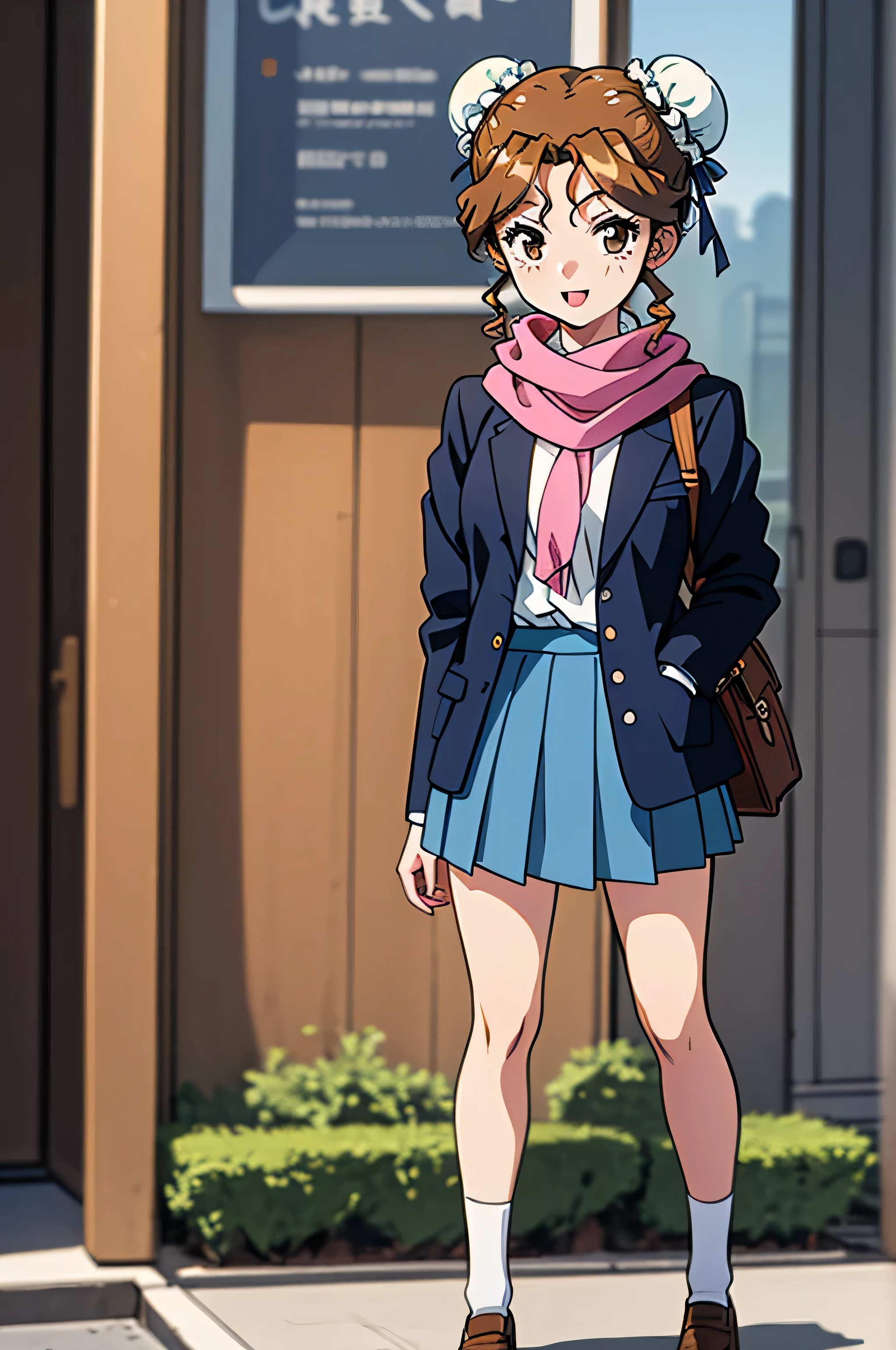 (Masterpiece Anime, One, Retro art style, Clean brush strokes, Very detailed, Perfect Anatomy, Browsing Caution), winter park background, Cobblestones, Dead trees, Dead leaves are dancing, (Full Body Shot), (akirhaya), １Girl, Eyebrows visible through hair, bangs, Light brown hair, Bun Hair, brown eyes, (Sansakumaru:1.4), (Beautiful and detailed:1.2), Open your mouth a little, Confident々Smile, (Standing with your legs apart), blazer, (Over the , Navy blue), (School uniform mini skirt, Navy blue), (She is wearing a pink scarf), Leather student bag,