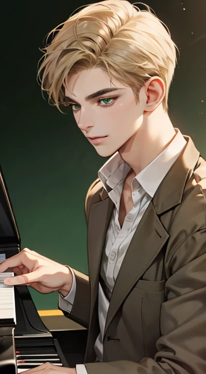 masterpiece, best quality, realistic, 1man, mature male, quiet and charming young man, 18 years old, close his eyes, smirk, closed mouth, extremely detailed face, a little distant, ((dark green eyes)), ((short-side-swept sandy blonde hair)), [thick eyebrows], ((brown suit)), playing piano, 4K
