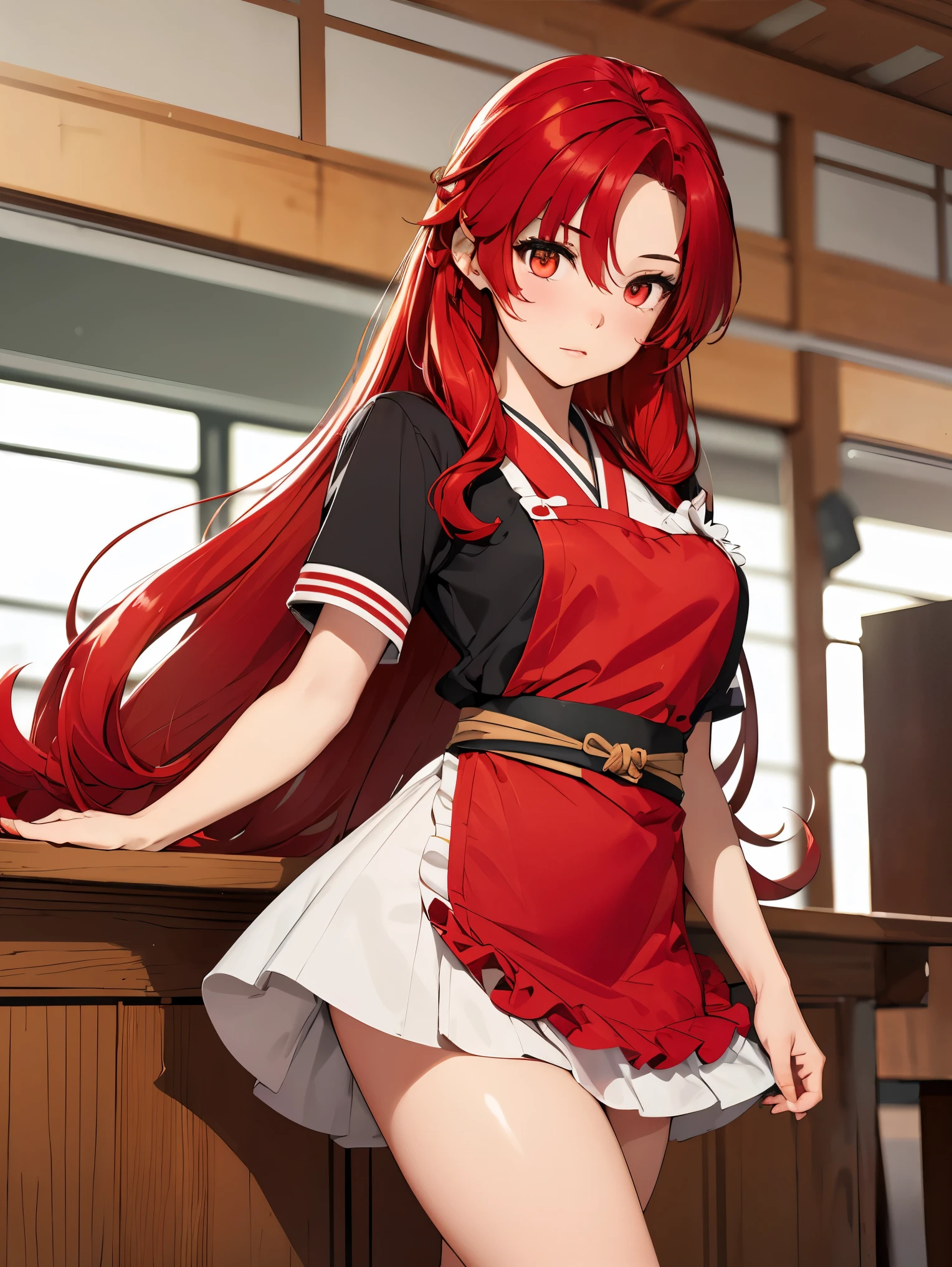 1girl, lisara restall, ((red hair:1.5)),
BREAK (two-tone dress, red belt, lycoris uniform:1.2), BREAK japanese clothes, kimono, apron, red ribbon, waitress, red kimono,
BREAK ((anime girl)), best quality, expressive eyes, perfect face, (masterpiece), best quality, expressive eyes, perfect face, ((best quality)), ((ultra-detailed)), ((an extremely delicate and beautiful)), perfect eyes, perfect body, ((synmetry eyes)), beautiful eyes, ((thick thighs)), shiny skin, soft skin, ((synmetry body)), ((perfect body)),