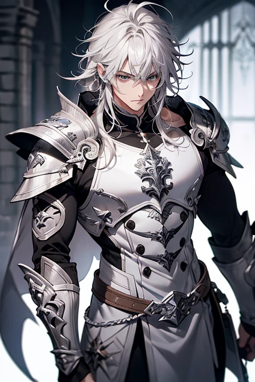 macho, long silver messy hair with bangs, olhos roxos, adulto face, adulto, capuz branco e mortalha, torso nu com armadura de pauldron, magro, magro e bonito, fantasia, feiticeiros, Veja o corpo inteiro