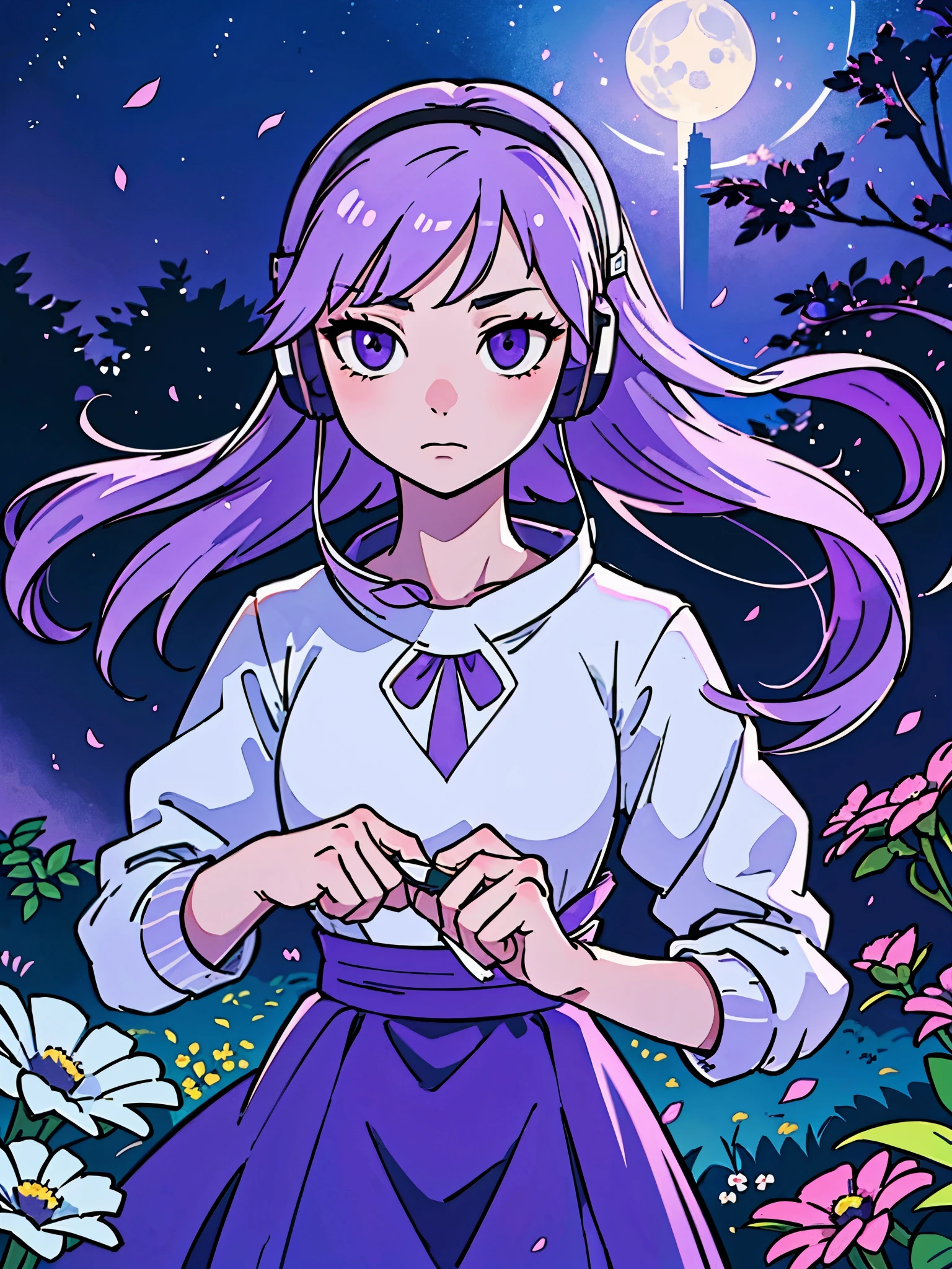 (best-quality:0.8),
(best-quality:0.8), perfect anime illustration, pretty woman cutting flowers in the garden in the middle of the night while listen music with headphones, pale purple hair, long hair, urban clothes, purple eyes, perfect eyes, beautiful anime face, girl alone, cutting flowers