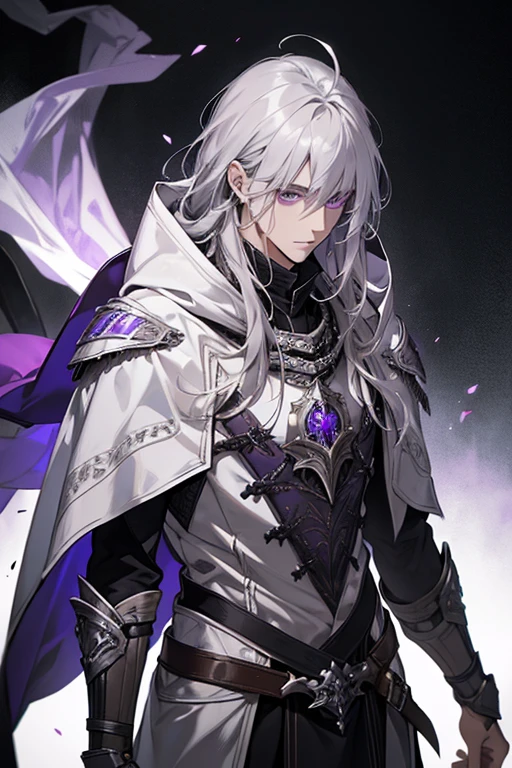 male, messy silver long length hair with bangs, purple eyes, adult face, adult, white hood and shroud, bare torso with pauldron armor, thin lean and handsome, fantasy, sorcerer, see the whole body