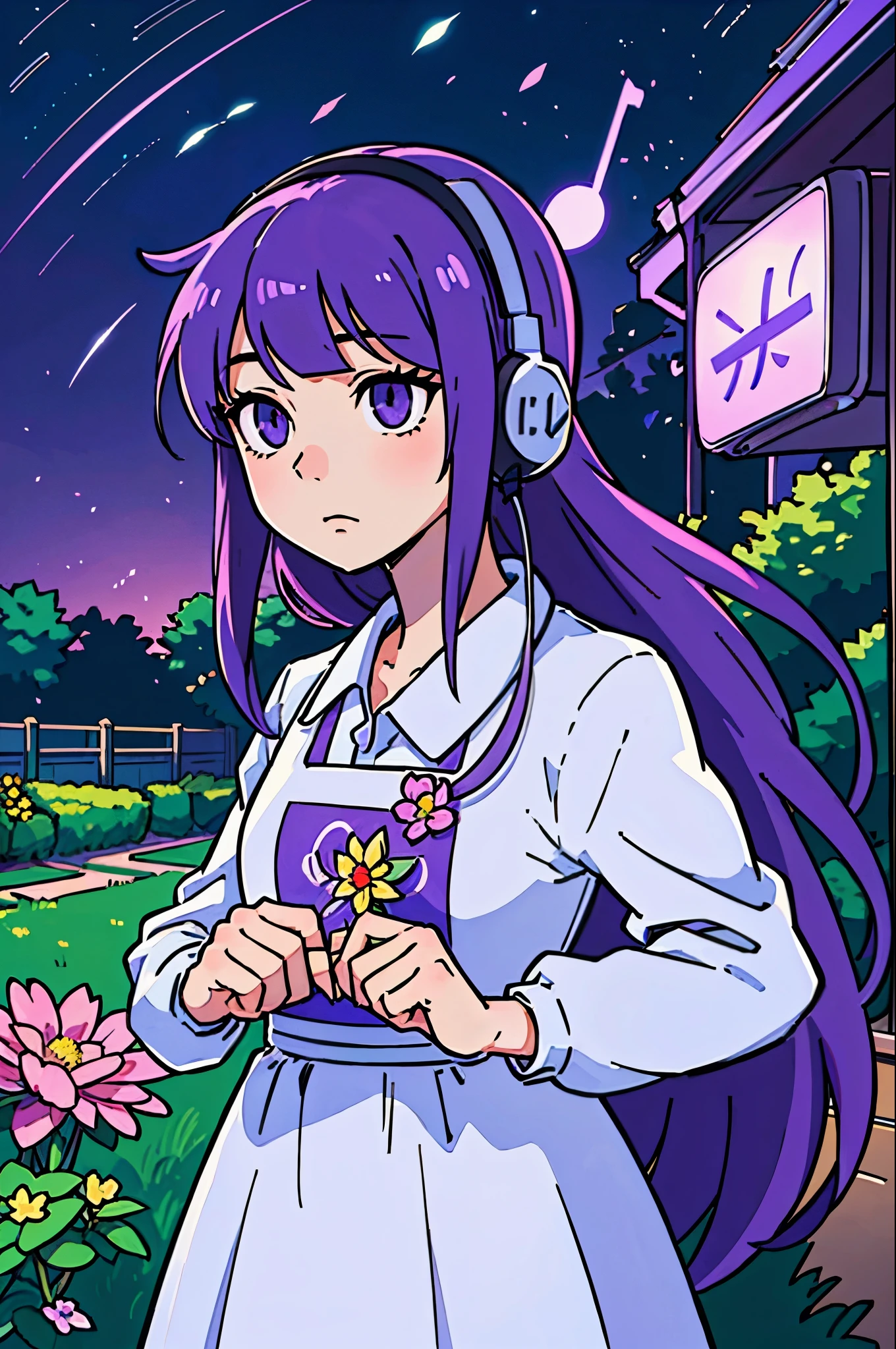(best-quality:0.8),
(best-quality:0.8), perfect anime illustration, pretty woman cutting flowers in the garden in the middle of the night while listen music with headphones, lila hair, long hair, urban clothes, purple eyes, perfect eyes, beautiful anime face, girl alone.