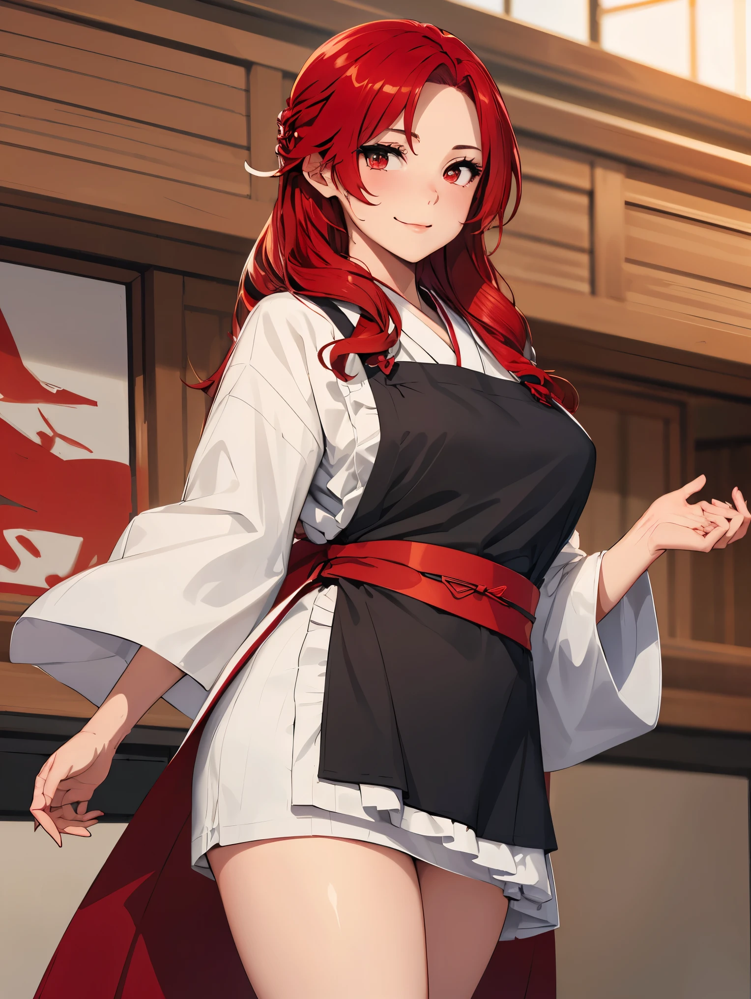 Anime girl with red hair and black dress posing in front of a building ...