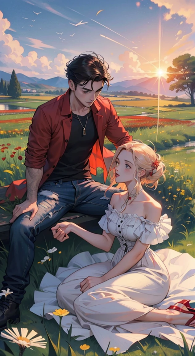 A man and a woman are sitting in a meadow of red flowers, sunset, Irish Man, Campo florescente, Dandelion floating in the wind, estilo romance, garoto e mulher, flores vermelhas, garoto de jaqueta de couro e causa jeans, Flying dandelion