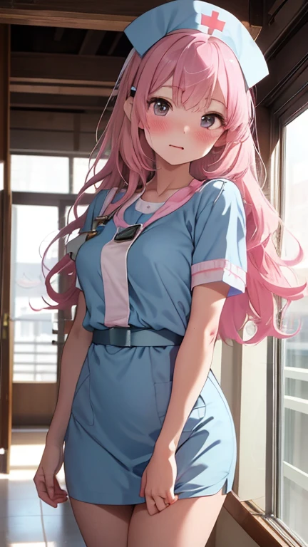 masterpiece、highest quality、Very detailed、Photograph the upper body、1 female、(Put your arms behind your back:1.2)、Are standing、Turn your body forward、View your viewers、(Nursemaid、Nurse cap)、blush、shy、(trembling:1.2)、Pink Hair、Open your mouth、Hospital corridor、Big Breasts、