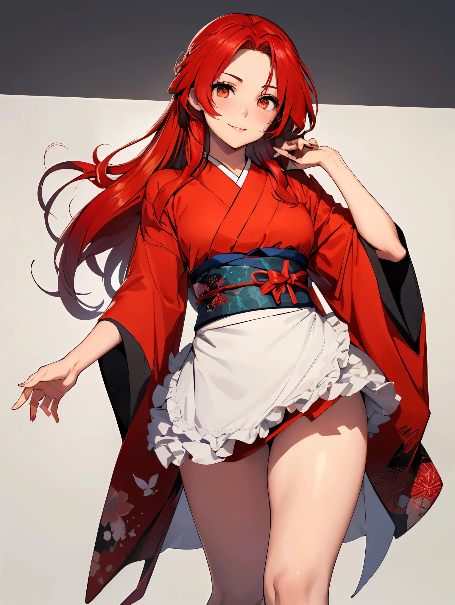 1girl, lisara restall, ((red hair:1.5)),
BREAK (japanese clothes, kimono, apron, red ribbon, waitress, red kimono,:1.2), BREAK mature female, cowboyshot, standing, naughty face, smile,
BREAK ((anime girl)), best quality, expressive eyes, perfect face, (masterpiece), best quality, expressive eyes, perfect face, ((best quality)), ((ultra-detailed)), ((an extremely delicate and beautiful)), perfect eyes, perfect body, ((synmetry eyes)), beautiful eyes, ((thick thighs)), shiny skin, soft skin, ((synmetry body)), ((perfect body)), 