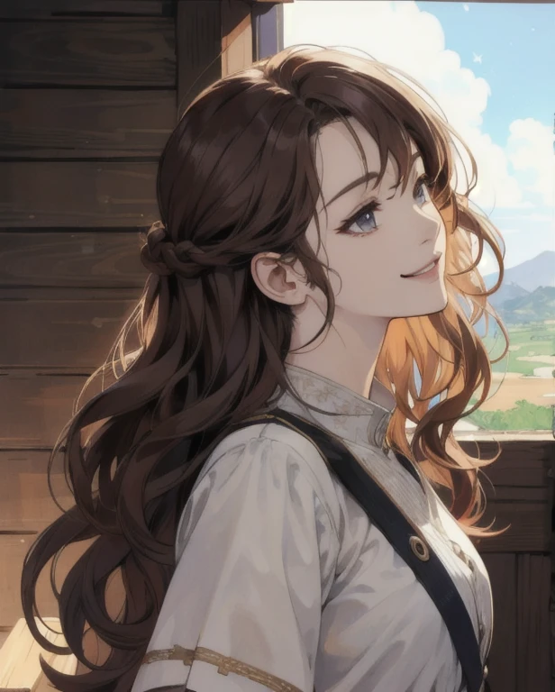 High quality, masterpiece, super detailed, clear emotions, manga style, girl in profile, half body, smile, waved hair medieval