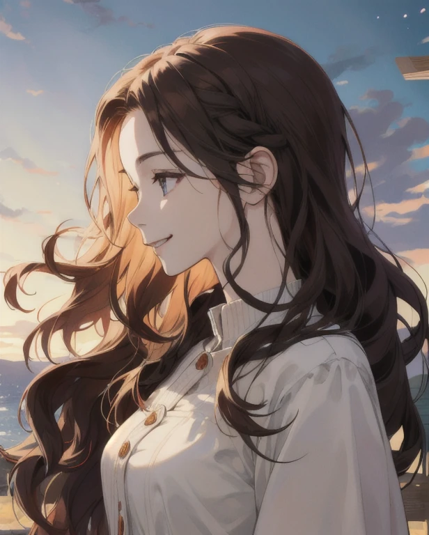 High quality, masterpiece, super detailed, clear emotions, manga style, girl in profile, half body, smile, waved hair medieval