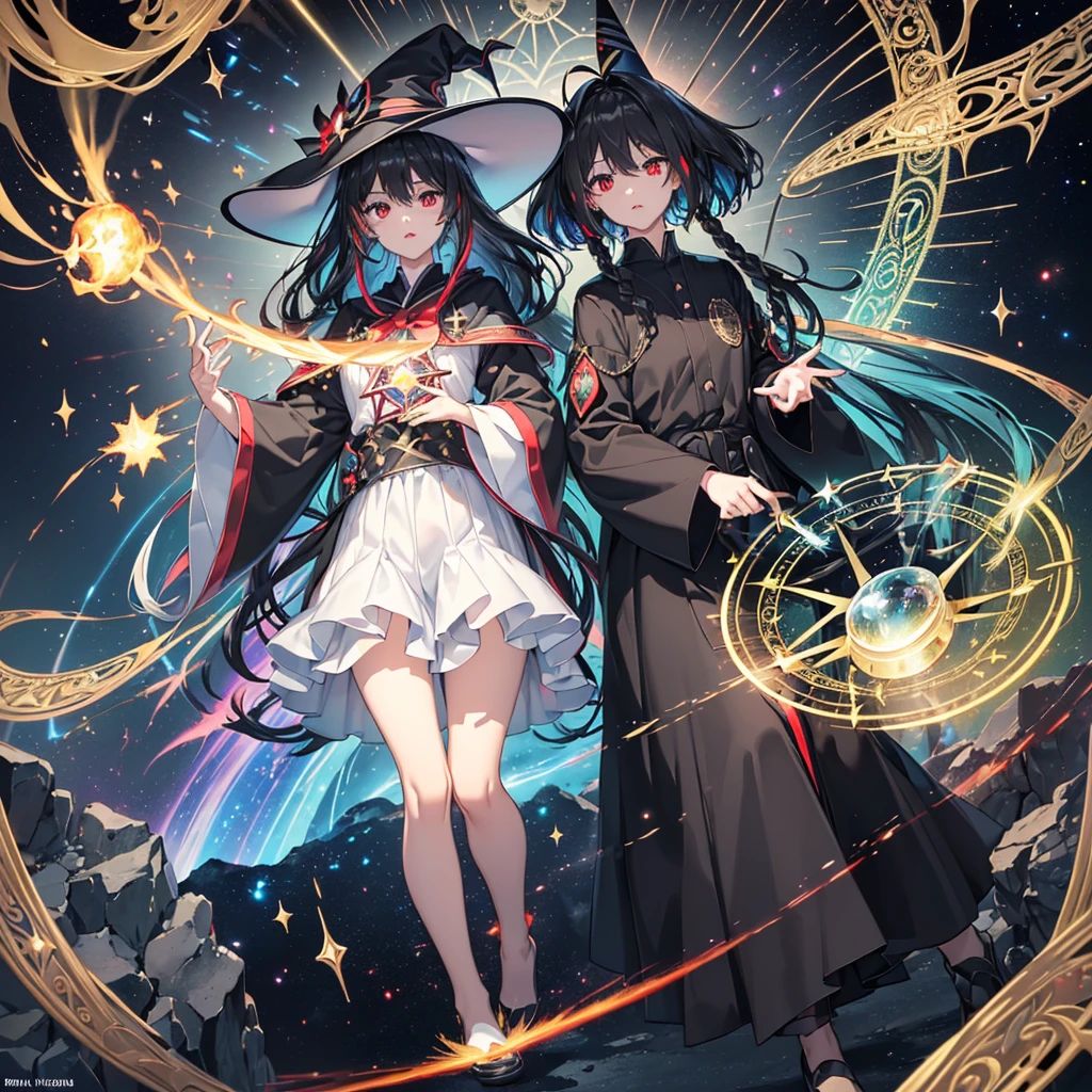 ((Black Hair　Rainbow-colored light emitted from the magic circle　Witch Hat　Red eyes　woman))　((explosion　Explosion　book of magic　starのペンダント　beam))　(Magic Robe　shine　star　Streaks of Light　Black Hole)　moon　彗star　incantation　Runes　cool　Fantasy