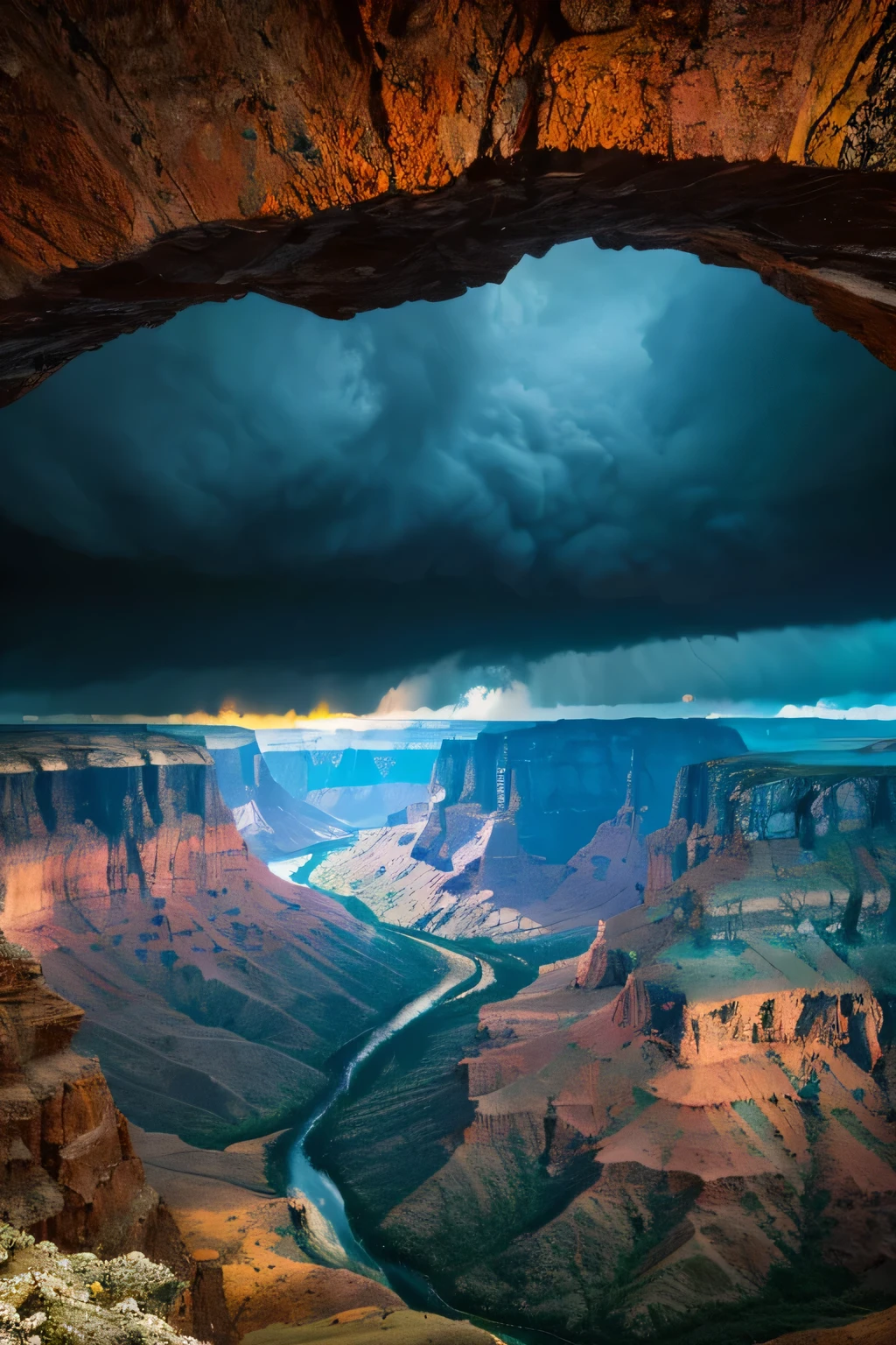 Landscape picture depicting the natural havoc caused by the younger dryas impact which occurred in North America creating canyons mountains and enormous among other natural geographical phenomena on a stormy day stylized in psychedelic 2.5D