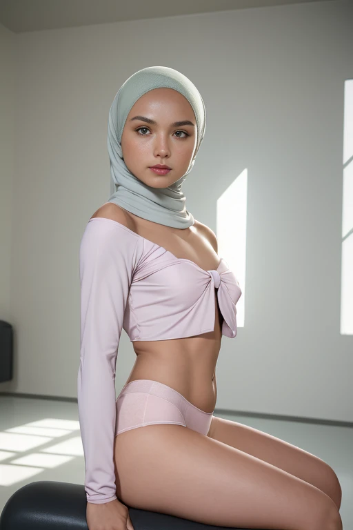 Dove Cameron ((SHORT HIJAB)), ((flat chest:1.7)), (динамичная photo 30-летней индонезийской женщины), (thin top, Cotton panties), (straight non-curly hair), (highly detailed face:1.4),(background inside light, bright, Private Gym:1.1), (8K, UHD, SLR camera, high quality, cinematic lighting, hips), (dramatic, photo, award winning, Incredible masterpiece:1.3), (((sexy sultry look at the camera:0.8))), Close-up, ((she is ready to dominate you:0.5)), ((beautiful feminine face)) (she is an MMA champion), add_detail:1, ((Wearing pastel colors strapless)) yellow fluorescence lace , back view, seductive pose, straddling ,