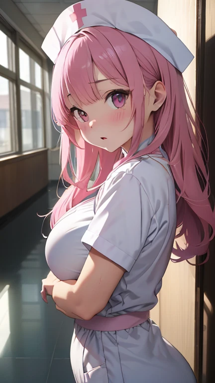 masterpiece、highest quality、Very detailed、Photograph the upper body、1 female、(Put your arms behind your back:1.2)、Are standing、Turn your body forward、View your viewers、(Nursemaid:1.2、Nurse cap)、blush、shy、Pink Hair、Open your mouth、Hospital corridor、Big Breasts、