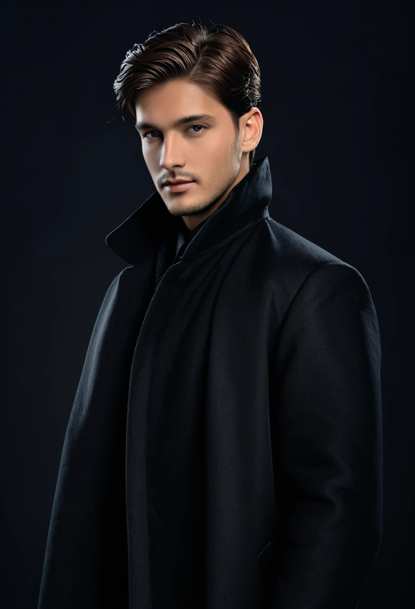 Rostro de un hombre con cabello corto y ropa oscura con un abrigo elegante, realista