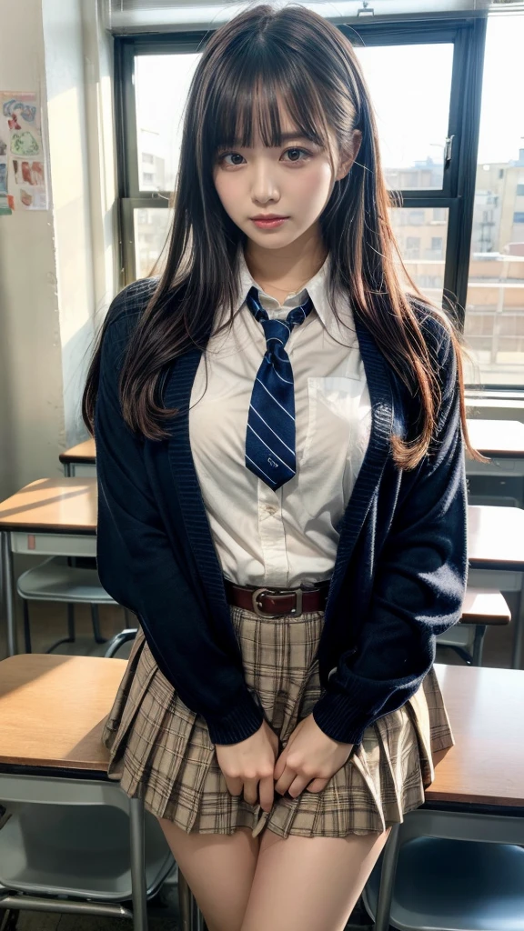 muste piece, best quality, illustration, Super detailed, fine details, High resolution, 8K,wall paper, perfect dynamic composition,(Details High quality, realistic depiction of eyes:1.3), High School Classroom、High school girl uniform、Cardigan、Super Short Check Uniform Skirt、Navy blue high socks、garterbelts、Colossal tits、Disturbed uniform, black hair color, sexy pose, Big Natural Color Lip, bold sexy pose, (perfect body shape), crying a little、cold gaze, Harajuku style、20 year old girl、cute type, beautiful legs, hposing Gravure Idol, Voluptuous thighs