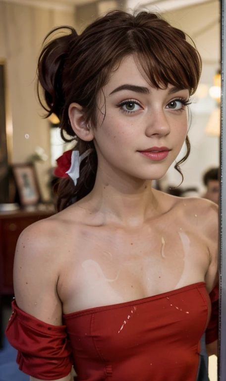 Photo oF a 15 year-old American girl, .crudo, beautiFul woman, (Long brown hair with ponytail.), light brown hair ponytail hairstyle((retrato)), ((Cara detallada:1.2)), ((Detailed Facial Features)), (Piel Finamente detallada), pale skin , ojos azules , 、un sexy(cold color), wet, wet, ReFlectoreasutepiece) (proporciones perFectaotos realistas)(La mejor calidad) (Detallado) FotograFiado con una EOS R5 de Canon, lente de 50 mm, F/2.8, NFFSW, (8k) (papel tapiz) (cinematic lighting) (dramatic lighting) (sharp Focus) (Enrevesado) senos grandes , pechos grandes , pecas en mejillas , cuerpo completo , hermoso cuerpo de adolesente , posando sexy a la camara , posando de Frente para la camara ,lindo maquillaje , gran sonrisa , labios abiertos , Fondo variado , traje de vaquero color negro