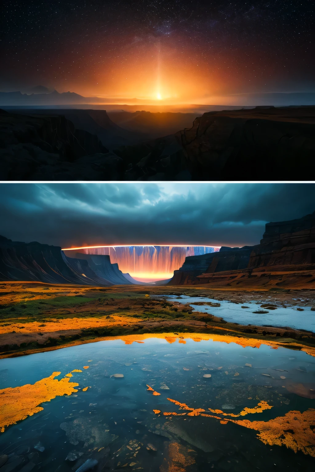 Landscape depicting the natural havoc caused by the younger dryas impact which occurred in North America creating canyons, mountains and enormous other natural geographical phenomena on a stormy day stylized in psychedelic 2.5D. There should be evidence of a giant meteor falling from the sky, which is the catalyst for the end of the current ice age. The psychedelic imagery is very exaggerated.