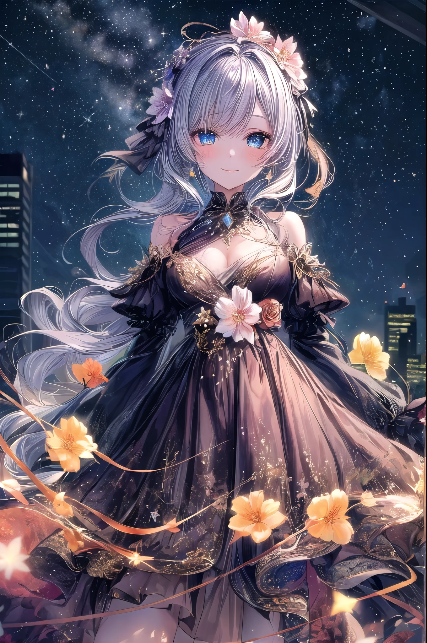 1 girl. Old-fashioned smile. flowerびら.  __flower__. four seasons. Bokeh. close.
Nice body,  beautiful skin. oily skin. Very delicate and beautiful. Super detailed. Clear Eyes. 
光がShine. Mysterious atmosphere. Subsidy light.
Milky Way. January . starry sky. Twilight Time . city. __Scenario Fantasy__.
__haircolor__ hair, __hairstyle__,  __Eye color__ Eye color. __skin-color__ skin.  Lentife Flare, Shine, embroidery, accessories, jewelry, reflection, refraction, __dress__, Night Sky, starry sky, star.
 