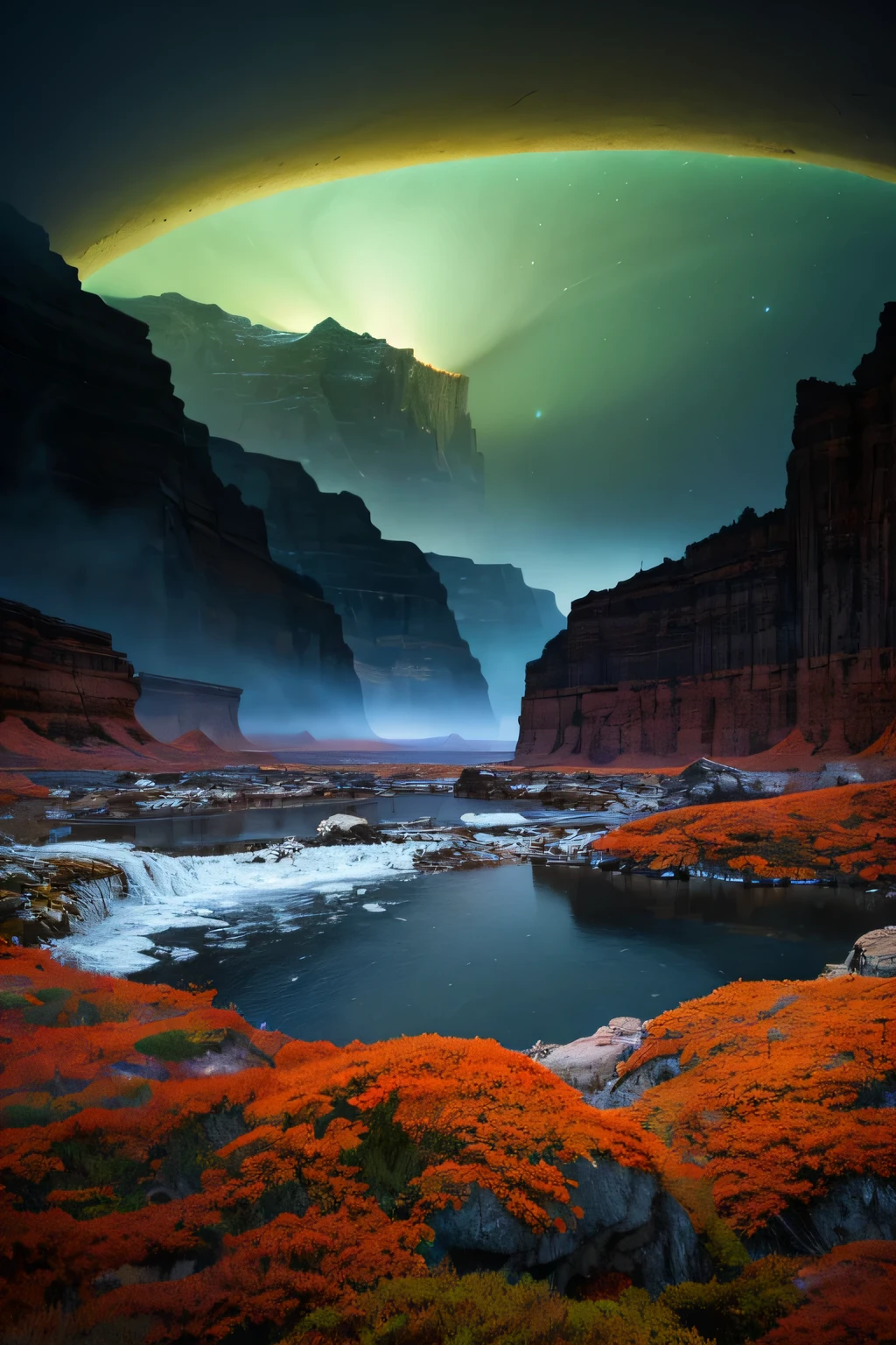 Landscape depicting the natural havoc caused by the younger dryas impact which occurred in North America creating canyons, mountains and enormous other natural geographical phenomena on a stormy day stylized in psychedelic 2.5D. There should be evidence of a giant meteor falling from the sky, which is the catalyst for the end of the current ice age. The psychedelic imagery is very exaggerated.