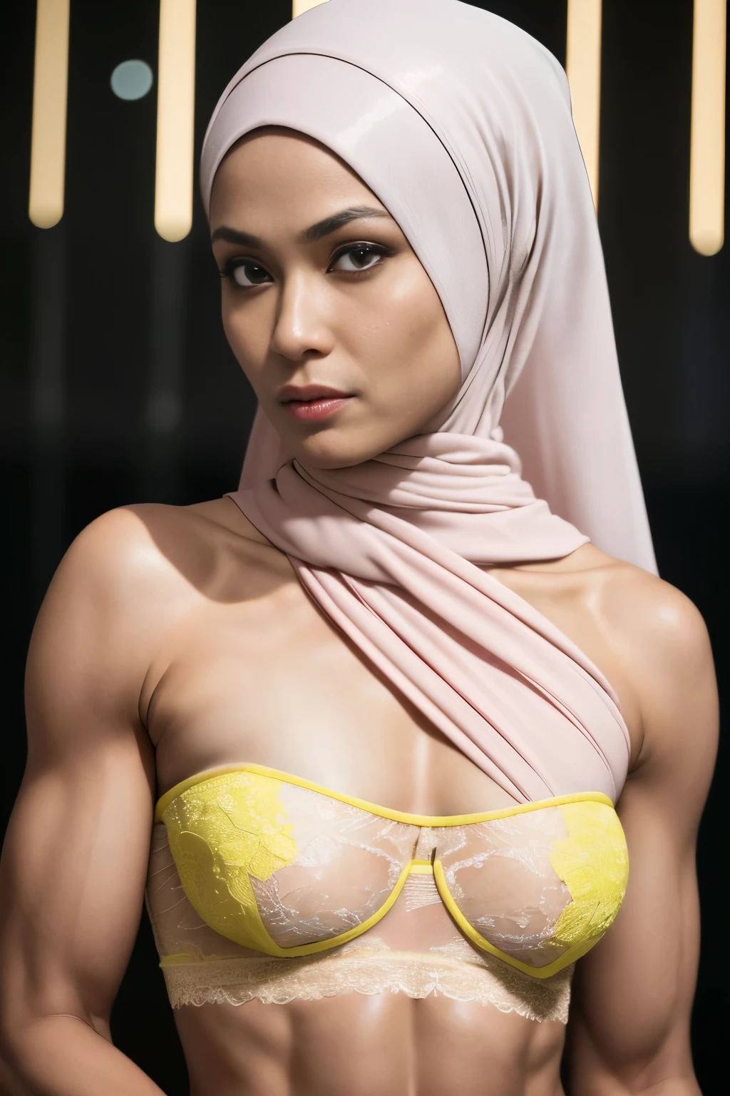 ((SHORT HIJAB)), ((Flat chest:1.7)), (dynamic photograph of a 58 year old Indonesian woman), (slim top, cotton panties), (straight non curly hair), (highly detailed face:1.4), (vascular muscles and abs:1.3), (background inside light, bright, private gym:1.1), (8k, uhd, dslr, high quality, cinematic lighting, bokeh), (dramatic, award winning photography, incredible masterpiece:1.3), (((sexy sultry stare at camera:0.8))), close up, ((she is ready to dominate you:0.5)), ((beautiful feminine face)) (she is a champion MMA fighter), add_detail:1, ((Wearing strapless pastel)) lace yellow fluorescence , from behind view, seductive pose, straddling ,