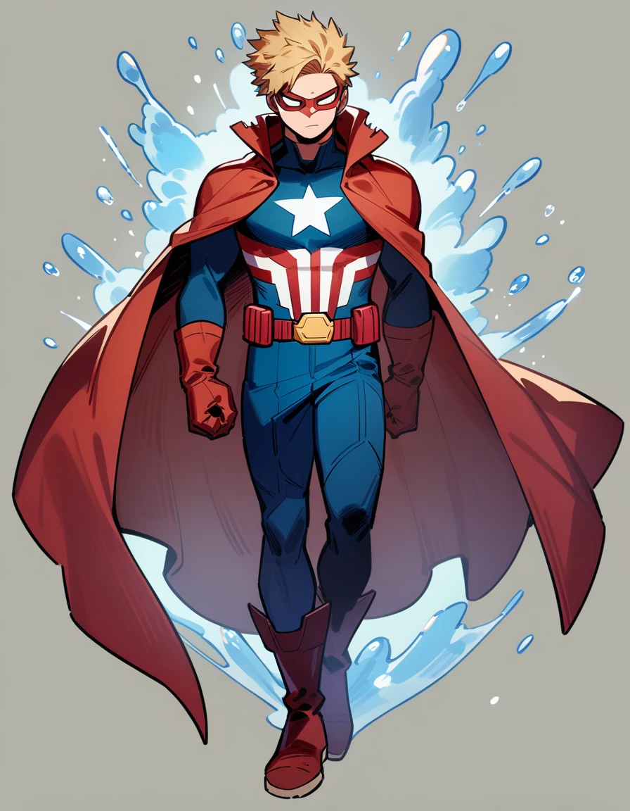 One boy, male focus, brown and blond hair, boku no hero academia, masterpiece, best quality, very aesthetic, water quirk, captain America suit, cape, star lord mask, full body illustration, front pose.