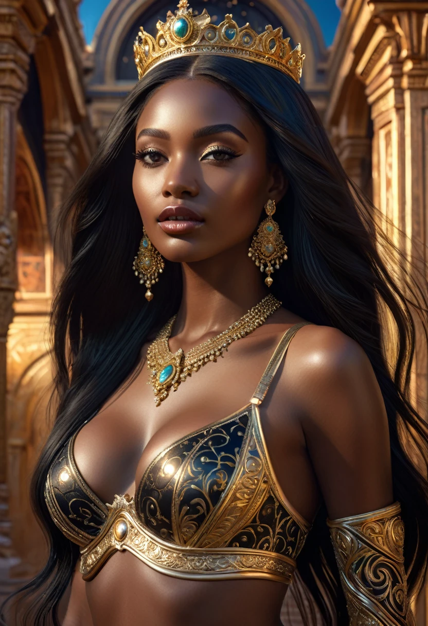 Novel in futurist kingdom of Mali, a beautiful young darkskin couple with (((a long black hair young queen))) with (((a young imperial princess with long black hair))), with desire, hot couple, lingerie(((very beautiful))), perfect faces, whole body, romantic scene, romantic Way, sexy couple, 8K, extremely detailed, (high quality, realistic, photorealistic: 1.37), Full body, ideal proportions and defined complexion, meticulously crafted features, unreachable beauty, perfection, artistic masterpieces, vivid realism, hyper-detailed sculptures, life-like forms, truly awe-inspiring, impeccable craftsmanship, pure radiance, ethereal beauty, delicate contours, striking poses, sublime beauty, subtle nuances, dynamic compositions, vibrant colors, perfect lighting, soulful expressions, celestial aura, majestic presence, dreamlike atmosphere, unmatched gdetailed octane render trending on artstation, 8 k artistic photography, photorealistic concept art, soft natural volumetric cinematic perfect light, chiaroscuro, award - winning photograph, masterpiece, oil on canvas, beautiful detailed intricate insanely