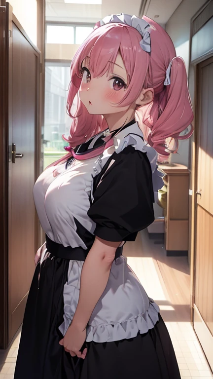 masterpiece、highest quality、Very detailed、Photograph the upper body、1 female、(Put your arms behind your back:1.2)、Are standing、Turn your body forward、View your viewers、(nurse:1.2、Maid clothes、nurseキャップ)、blush、shy、Pink Hair、Open your mouth、Hospital corridor、Big Breasts、