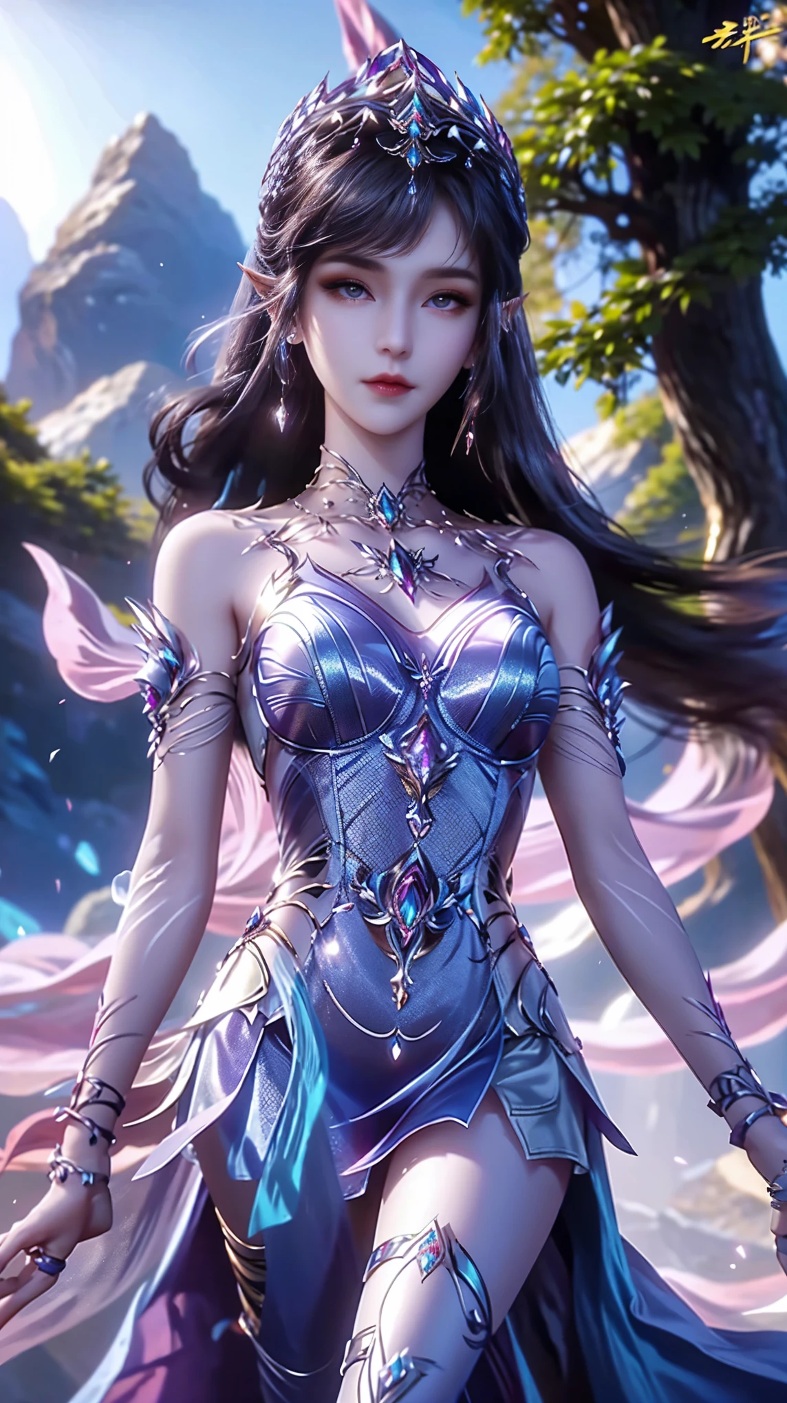 a close up of a woman in a blue dress, a beautiful fantasy empress, beautiful cylindrical thigh, beautiful fantasy maiden, fantasy art style, trending on cgstation, beautiful and elegant elf queen, beautiful maiden, shining skin, intricate ornate anime cgi style, ((a beautiful fantasy empress)), beautiful alluring Realistic woman, shining skin, in the park, sun shining, Realistic shadow, front body pose,