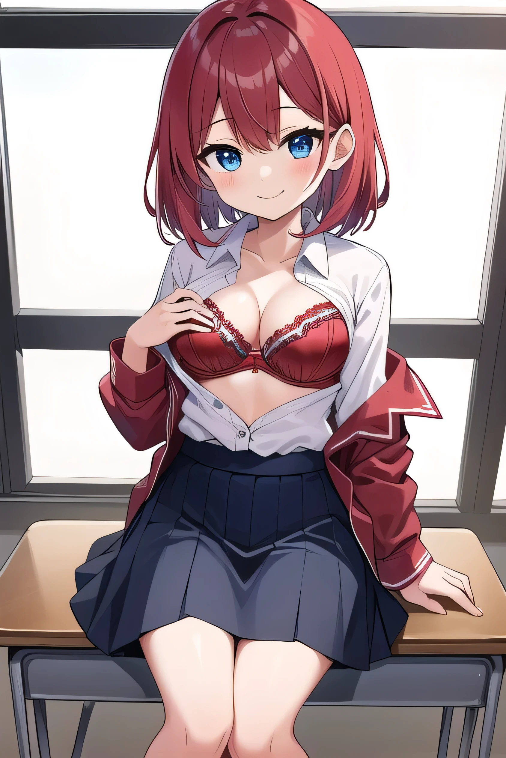 Big breasts, red hair, blue eyes, droopy eyes, red jacket, long sleeves, navy skirt, elementary school student, super big breasts, (medium hair: 1), baggy clothes, elementary school student, young face, short height, , old, shy Agari, smiling a little, trying to unbutton his shirt in the classroom, white shirt, soft hair,her bra is visible, (a red bra:1.5)