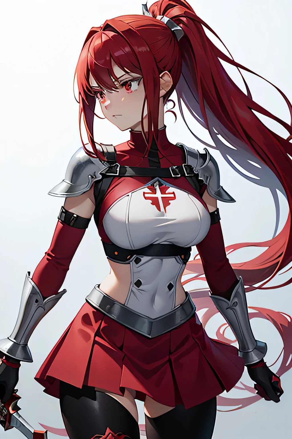 erza scarlet, half silver color steel breast plate with a cross pattern, bright red pupil, super mini battle skirt, holding giant silver boardsword, high pony tail, perfect body shape, 16k, sharp angel aura, steel hand glove, holy tattoo, long silk leggings, scarlet red color hair,silver color stylish Pauldrons