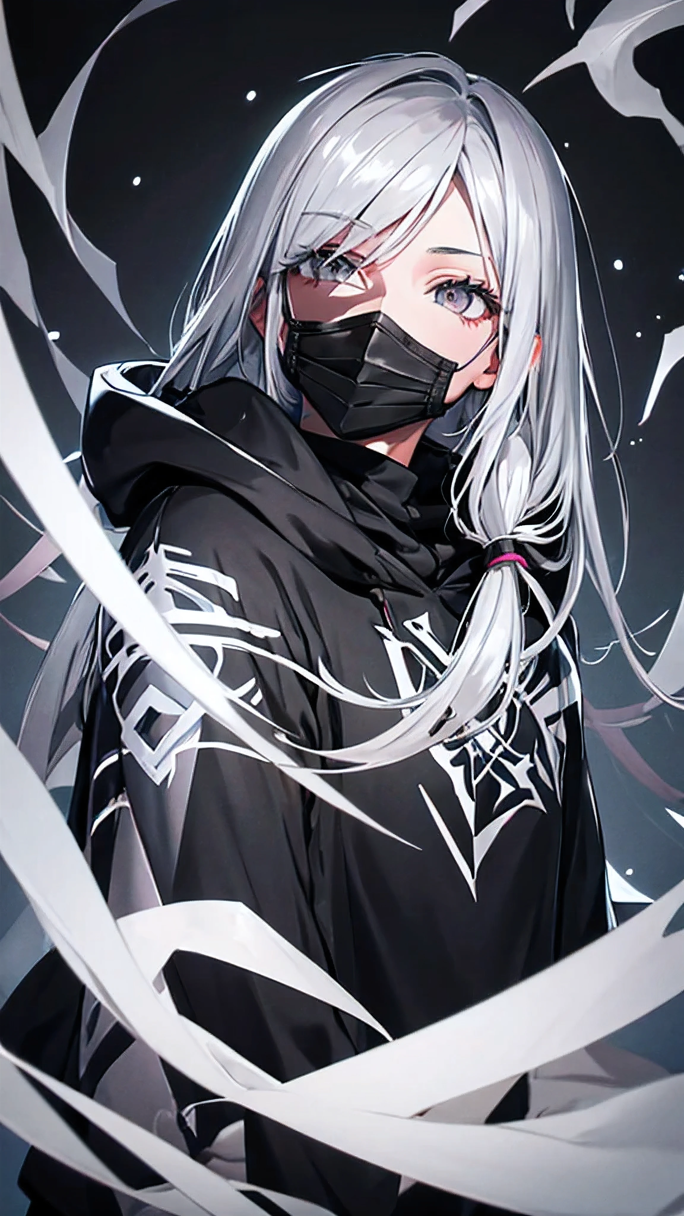 Beautiful youth,Silver Hair,((Gray eyes)), Shoulder-length hair, Black Mask, Black Hoodie, Wear a hood,high quality, Withdrawal amount, pixiv illustrations