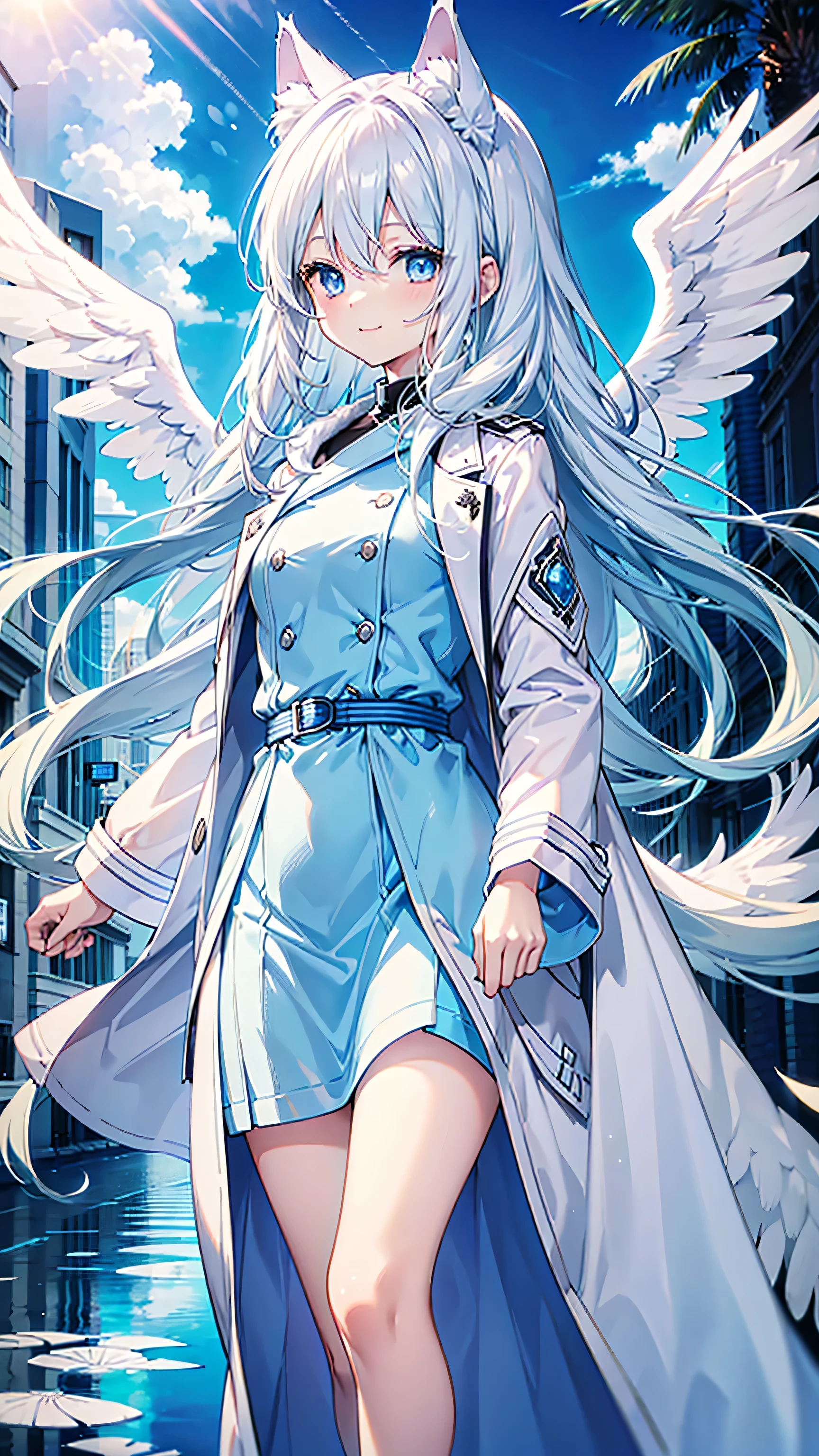 Just one person, A beautiful and pretty woman with long white hair and blue eyes、Short、Walking、Ripples on the ground、Light blue dress、A blue trench coat is draped over his shoulders、18 years old、Adorable smile、Angel wings on the back、With cat ears、Less exposed skin、pastel colour