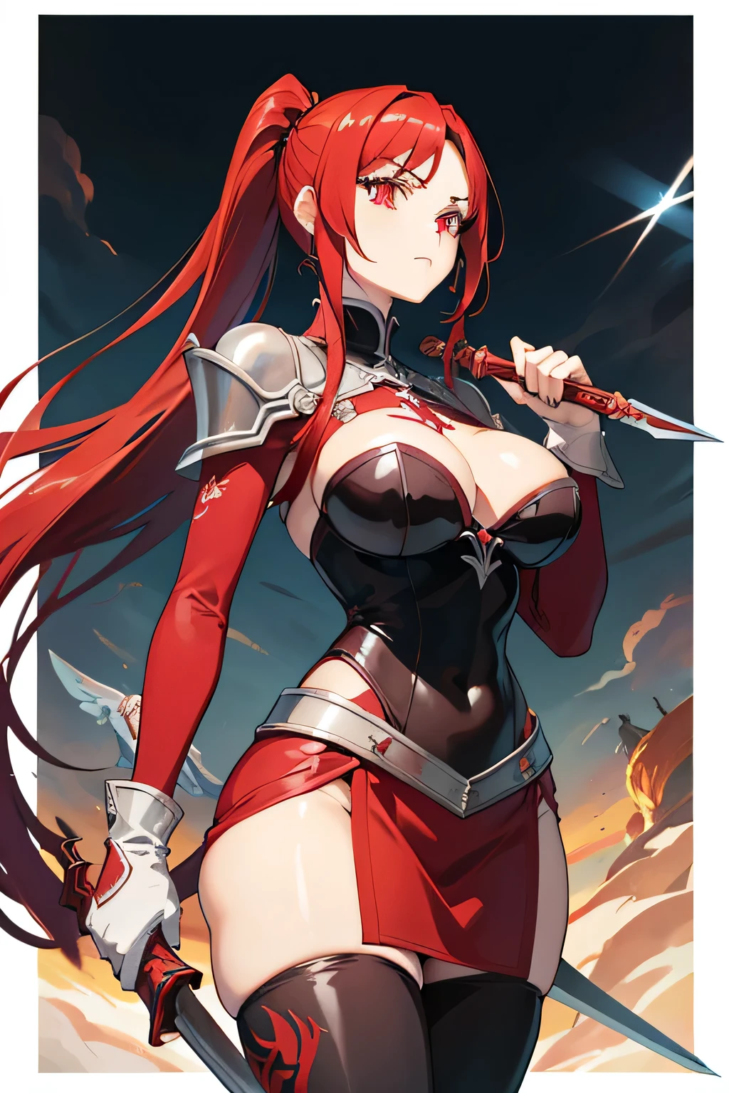 erza scarlet, half silver color steel breast plate with a cross pattern, bright red pupil, super mini battle skirt, holding giant silver boardsword, high pony tail, perfect body shape, 16k, sharp angel aura, steel hand glove, holy tattoo, long silk leggings, scarlet red color hair,silver color stylish Pauldrons