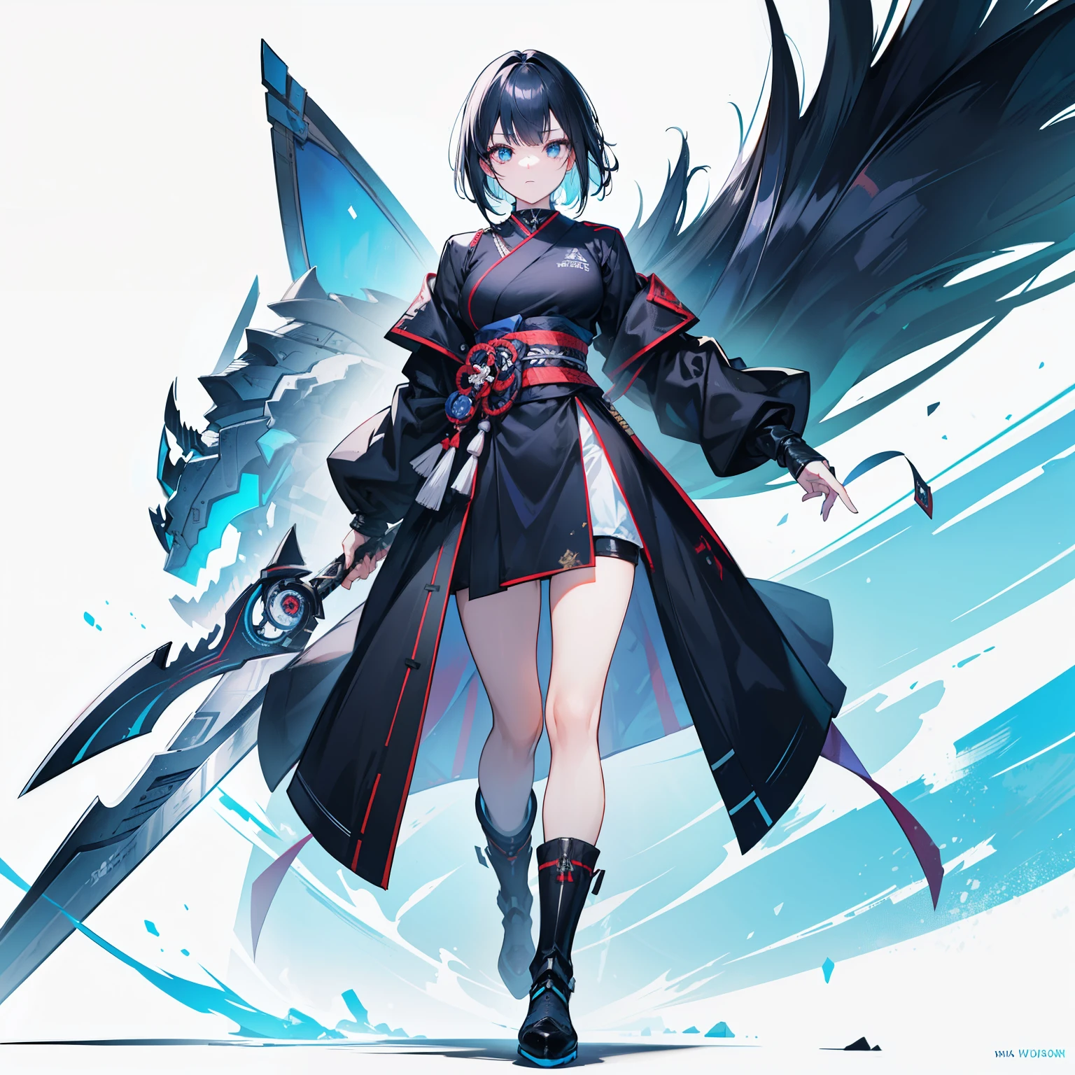 (Tabletop, highest quality), (Perfect athletic body:1.2),,blue eyes、Black Hair、The inside of the hair is blue、Bobcut、Very detailed, Anime Style, whole body, Dual wields long blue great swords, Wear tech boots, 8K High Resolution, Trend Art Station, White Background, Standing in the Wilderness, whole body,Dressed in a black jacket、The Woman of Arafed,A very beautiful samurai