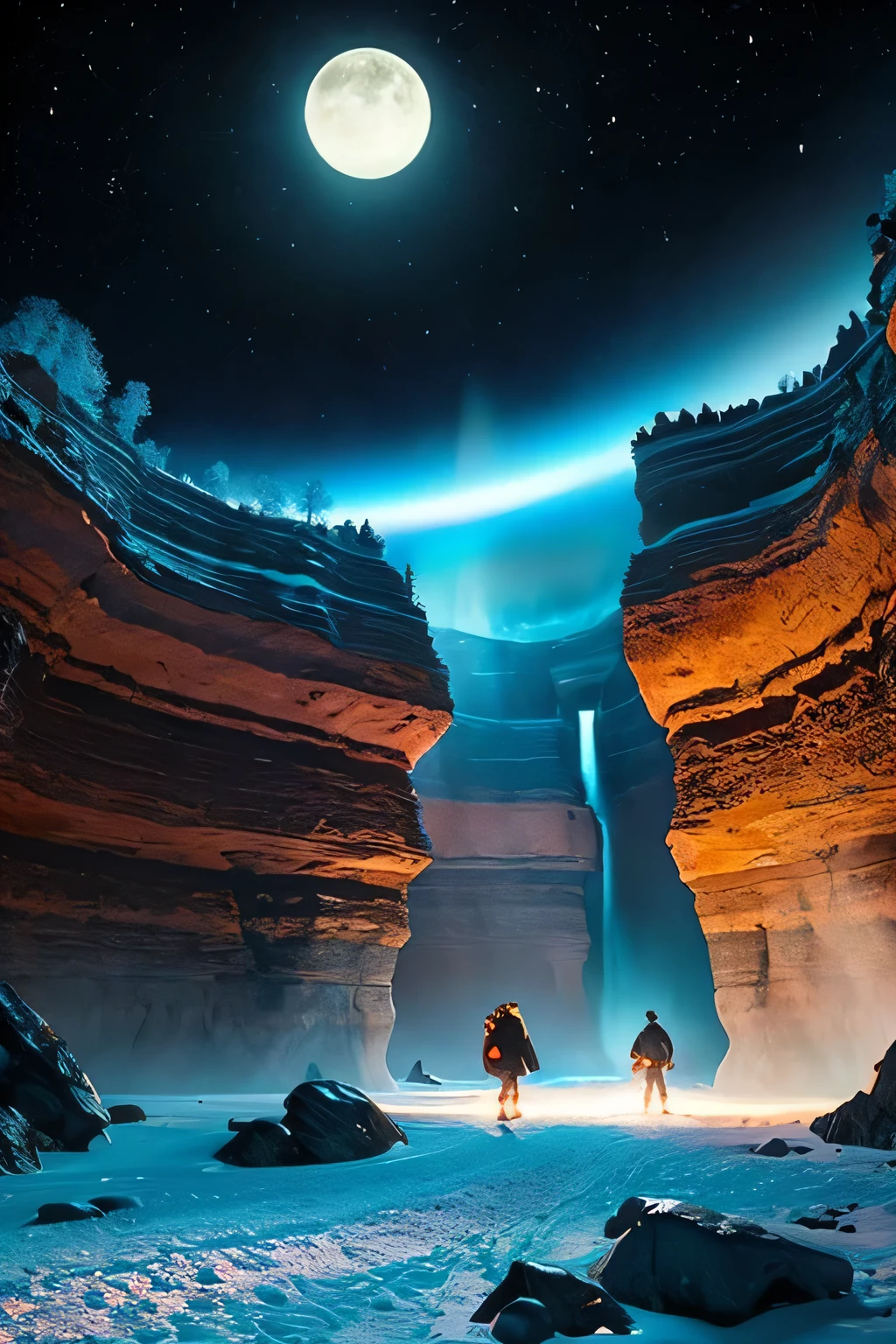 Landscape depicting the end of the ice age, with natural havoc caused by the younger dryas impact which occurred in North America creating canyons, mountains and enormous other natural geographical phenomena on a stormy day stylized in psychedelic 2.5D. There should be evidence of a giant meteor falling from the sky, which is the catalyst for the end of the current ice age. The psychedelic aura is emanating from all of the rock formations.