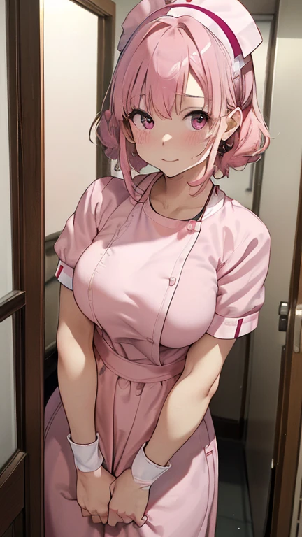 masterpiece、highest quality、Very detailed、Photograph the upper body、1 female、(Put your arms behind your back:1.2)、Are standing、Turn your body forward、View your viewers、(nurse、Maid clothes:1.4、nurseキャップ:1.2)、blush、shy、Pink Hair、Open your mouth、Hospital corridor、Big Breasts、