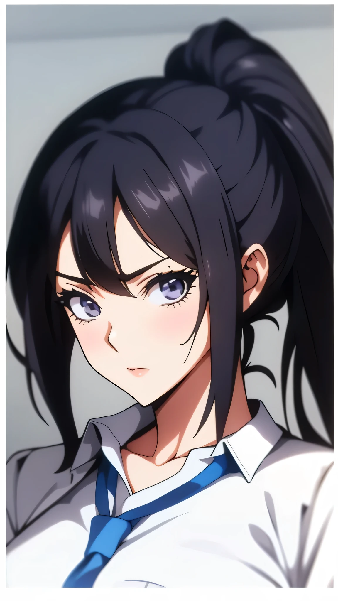 1 girl solo, anime girl with ponytail and tie in a, black hair, (uniform high school)), wearing short sleeve white shirt white tie, standing, ((full body)), converse, converse high, (medium_breasts:1.1), highly detailed face, cool, tomboy,