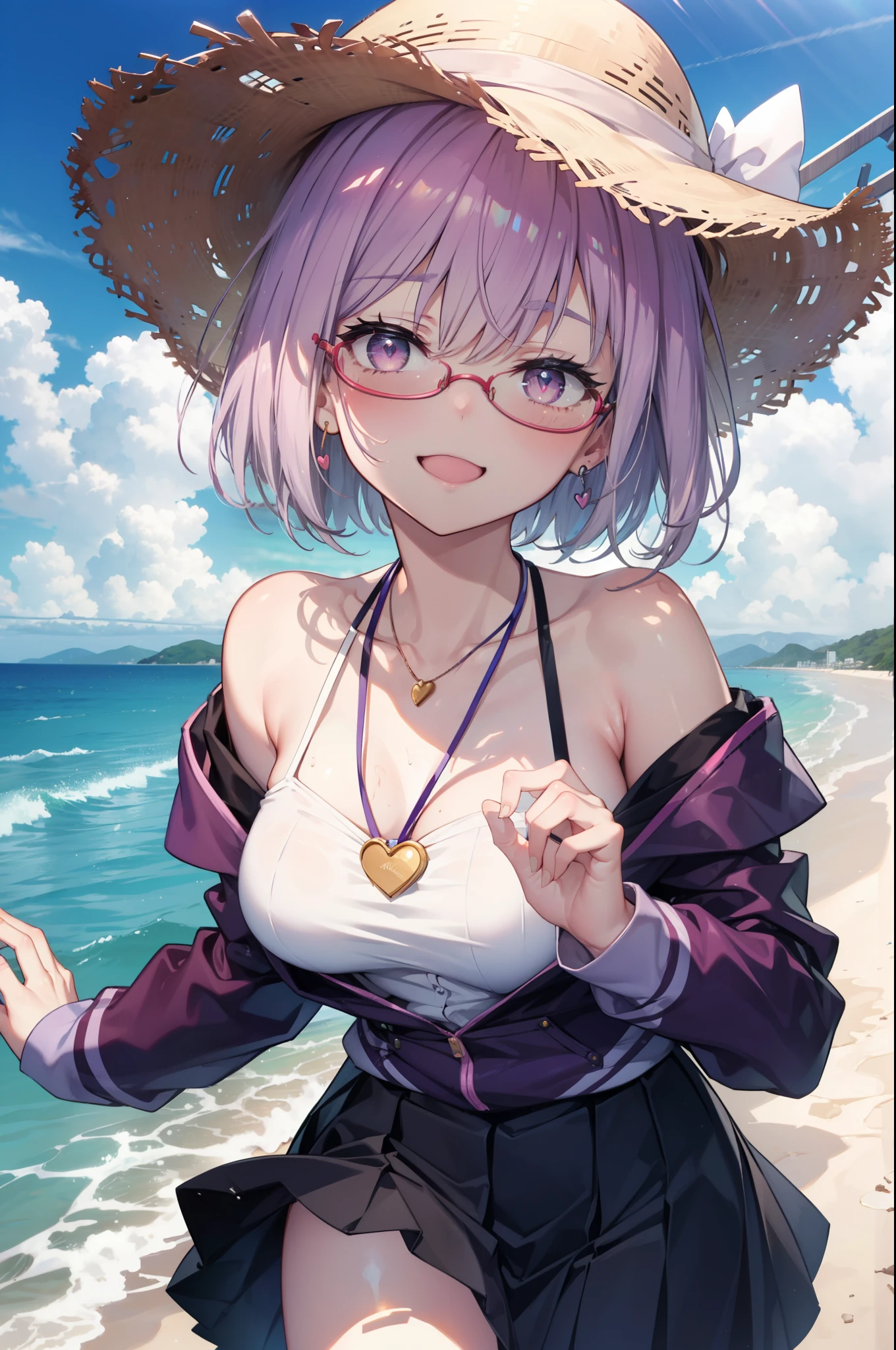 akaneshinjou, shinjou akane, Light purple hair, (Pink Eyes:1.2), short hair,Akagi glasses,happy smile, smile, Open your mouth,Sleeveless dress,Long skirt,Heart Pendant,barefoot,Straw hat,Daytime,True Summer,So that the whole body goes into the illustration,
break ourdoors, Coastal Road,Sandy Beach,
break looking at viewer,(Cowboy Shot:1. 5) break (masterpiece:1.2), highest quality, High resolution, unity 8k wallpaper, (shape:0.8), (Fine and beautiful eyes:1.6), Highly detailed face, Perfect lighting, Highly detailed CG, (Perfect hands, Perfect Anatomy),