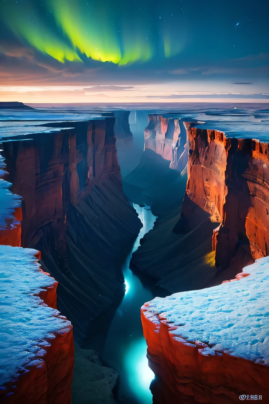 Landscape depicting the end of the ice age, with natural havoc caused by the younger dryas impact which occurred in North America creating canyons, mountains and enormous other natural geographical phenomena on a stormy day stylized in psychedelic 2.5D. There should be evidence of a giant meteor falling from the sky, which is the catalyst for the end of the current ice age. The psychedelic aura is emanating from all of the rock formations.
