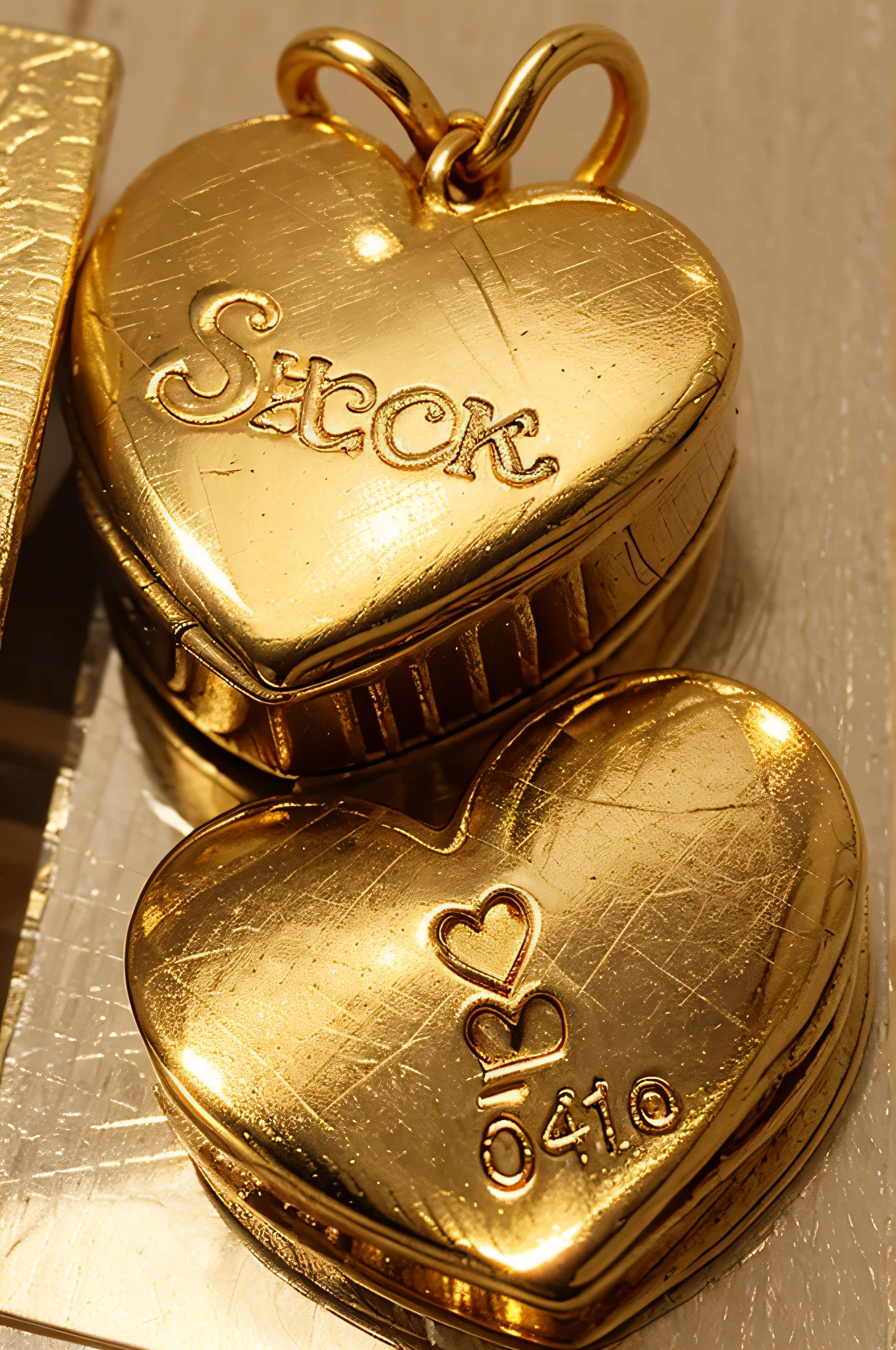 Golden heart charms with the date "14 febrero"