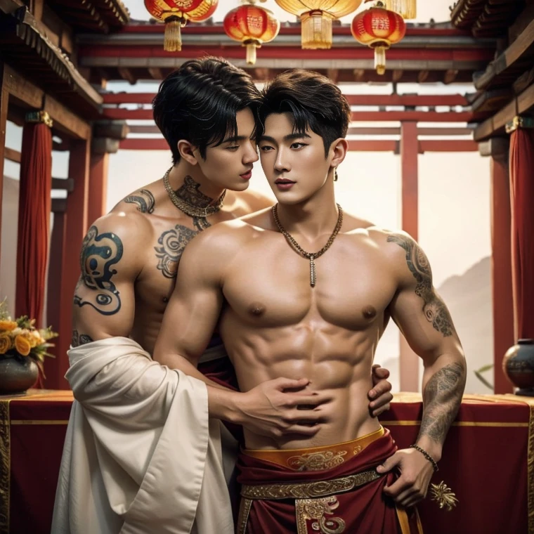 ( safe for work),Two handsome boys kissing, smiling at each other,hugging, kissing, touching lips, cuddle, romantic,skin ship, Chinese Men God, Mythology, realistic, Chinese odyssy, super Handsome,manly, kpop idol, handsome korean actor, 20 years old,, detailed face, manly jawline, detailed mess curly styling hair, Topless, Muscles, big breast Athlete body, Full Frame,full body shoots, realistic, human skin, tattoo breast, Professional studio Lighting, long red tibet wedding Outfit, jade and golden pendent all over , detailed jewery in dress, earings,Chinese ancient wedding Background,out door, super detailed background,look at camera , open mouth, japanese loincoth Underwear, big bulge, ,nice shape bulge, transparent underwear, tibet Warrior, Hanfu red wedding dress, tibet Male, tibet Nobel, Seduce , bare chest , tattoo chest, tattoo arms, tattoo hands, tattoo back, tattoo legs , tattoo belly, big juicy butts,
