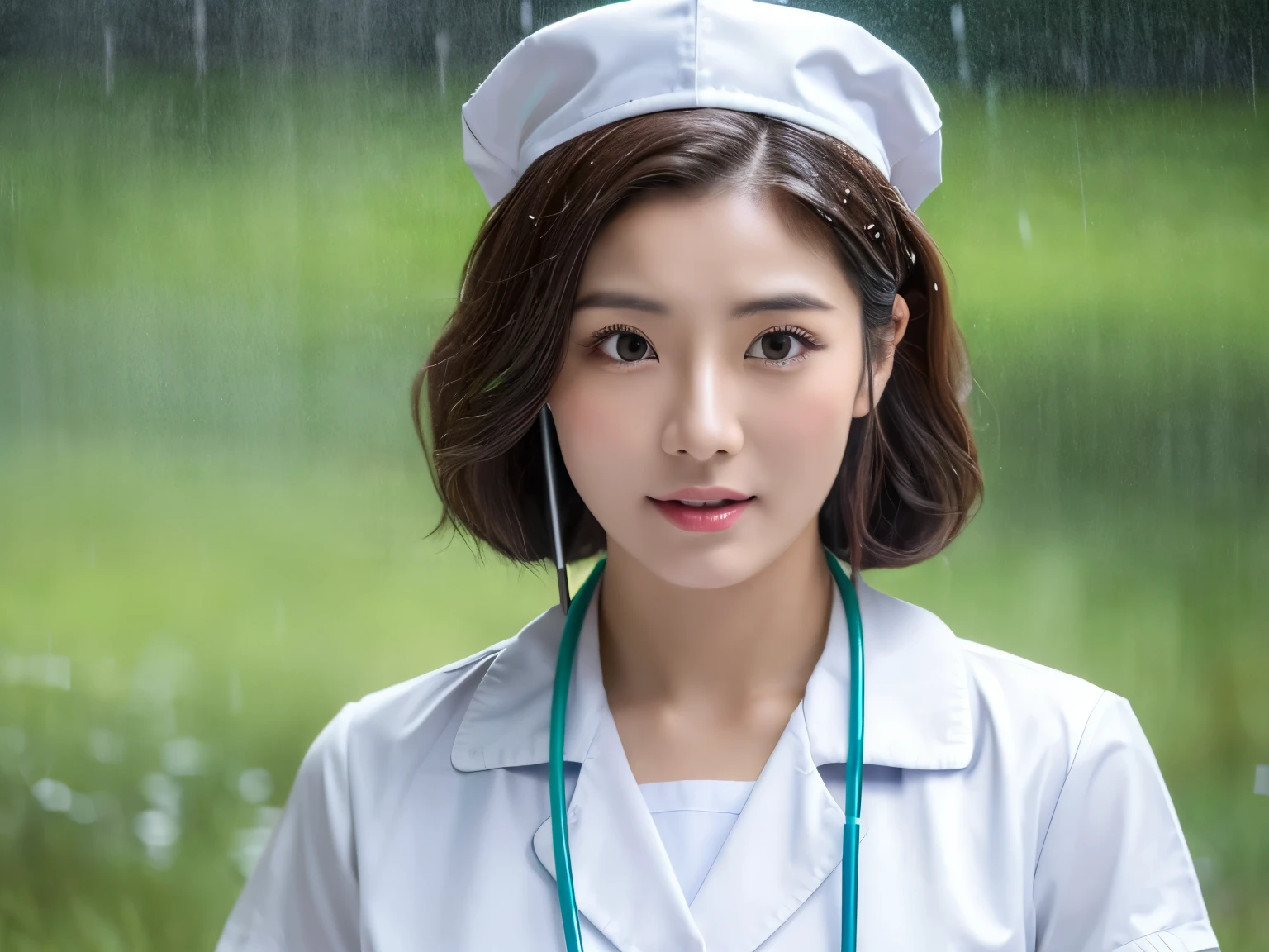 (highest quality, 4K, masterpiece :1.3), Beautiful woman, One girl, (chest, Attractive body :1.2), Abdominal muscles :1.1, Dark brown hair: 1.1, (It rained and I got wet, Raindrops, Wet body :1.2), Highly detailed face, Detailed lips, Fine grain, double eyelid、A nurse wearing a white nurse uniform and nurse cap is pooping、Brown poop is visible coming out of the anus