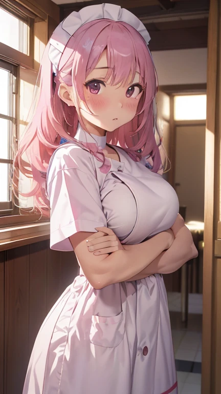 masterpiece、highest quality、Very detailed、Photograph the upper body、1 female、(Put your arms behind your back:1.2)、Are standing、Turn your body forward、View your viewers、(nurse、Maid clothes:1.4、nurseキャップ:1.2)、blush、shy、Pink Hair、Open your mouth、Hospital corridor、Big Breasts、