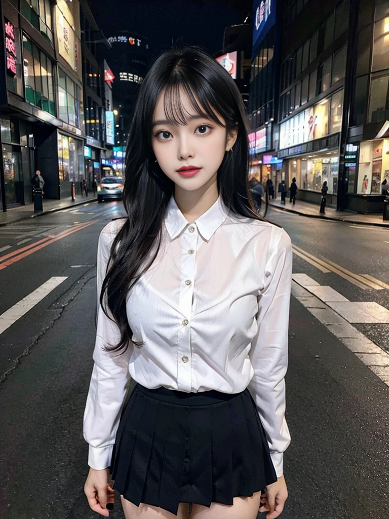 cyber punk, highest quality, masterpiece, shape, Realistic, photo-Realistic, wonderful, finely, Very detailed, High resolution, Very detailed, unity 8k wallpaper, Full body shot of a beautiful young woman with Korean-style features resembling a popular actress, Button-up shirt, mini Pleated Skirt ニーハイソックス, (Very small breasts), thin, She has pink and bluish eyeshadow, bangs, Black Hair, Long Hair, head, look up, night, On the streets of Shibuya, Stand up and look here, Narrow eyes, 細長い目のshape, Three white eyes, Wicked Smile, Very slender and beautiful legs, Beautiful and thin thighs, Earrings, Estrus
