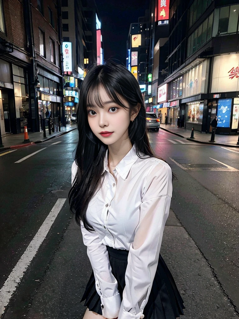 cyber punk, highest quality, masterpiece, shape, Realistic, photo-Realistic, wonderful, finely, Very detailed, High resolution, Very detailed, unity 8k wallpaper, Full body shot of a beautiful young woman with Korean-style features resembling a popular actress, Button-up shirt, mini Pleated Skirt ニーハイソックス, (Very small breasts), thin, She has pink and bluish eyeshadow, bangs, Black Hair, Long Hair, head, look up, night, On the streets of Shibuya, Stand up and look here, Narrow eyes, 細長い目のshape, Three white eyes, Wicked Smile, Very slender and beautiful legs, Beautiful and thin thighs, Earrings, Estrus