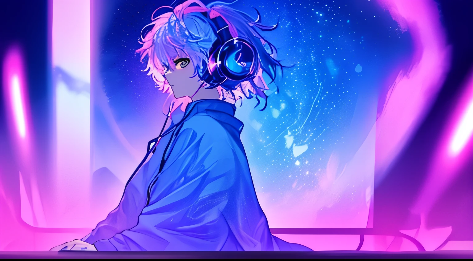 (masterpiece、top-quality、top-quality、watercolor paiting(afro)、Official Art、Beautifully Aesthetic:1.2)、(1boy in:1.3)、(Fractal art:1.3)、full of the body、from side、looking at a computer、patterns、(blue-colored hair、colourful hair、Half blue and half pink hair:1.2)、Eau、colourfull、cyber punk、Operating a computer while listening to music with headphones on.
