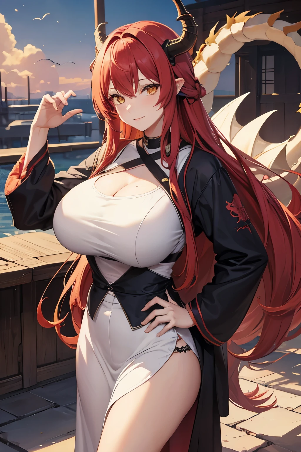 anime, woman, Onee-san, adult woman, mommy, solo, long hair, unusual hairstyles, red hair, yellow eye, model, beautiful, dragon, soft smile, dragon horn, casual clothes, casual style, big breast