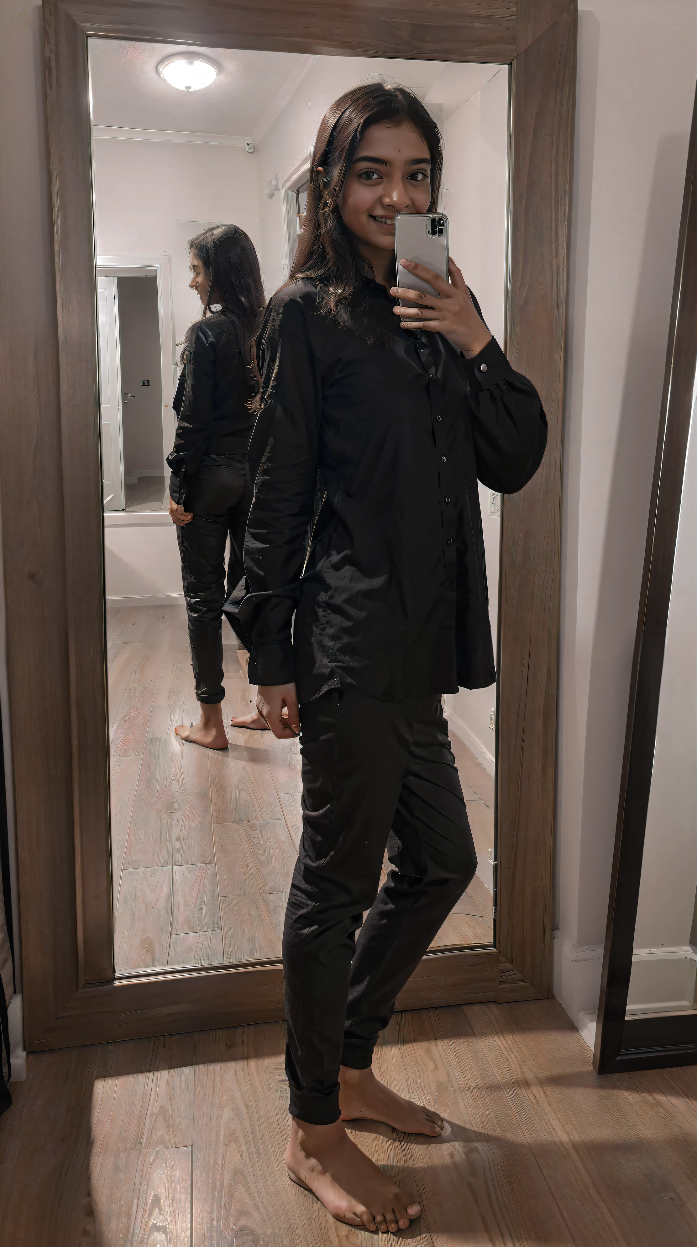 kerala girl, looks like Arya Stark, mirror selfie with iphone, smiling, cute, wearing modest black shirt and pants, luxury, indoor, f/8, flat light, mobile photography,