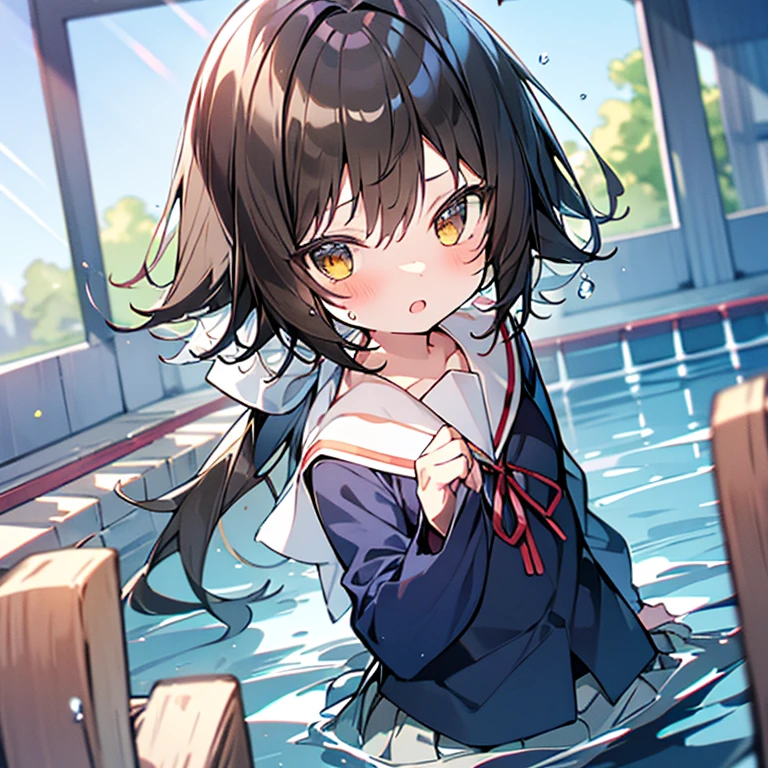 1 girl、mashiromitsumine, mashiro mitsumine, (Brown eyes:1.5), Brown Hair, ponytail, (Flat Chest:1.2), break grey skirt, Long sleeve, neck ribbon, red ribbon, ribbon, Sailor collar, skirt, white Sailor collar, (Blue Shirt:1.5), break looking at viewer, (whole body), break indoors, School swimming pool, (Lots of water)、Wet、(skirtを引っ張る:1.6)、skirtが水面に広がります、Completely flooded、whole bodyが水に浸かる、((Transparent pool)))、swim、Water Play、break (masterpiece:1.2), highest quality, High resolution, unity 8k wallpaper, (shape:0.8), Highly detailed face, Perfect lighting, Extremely detailed CG、(panty flashing)、(skirt全開)、ロングワイドskirt、cute、blush、Watery eye