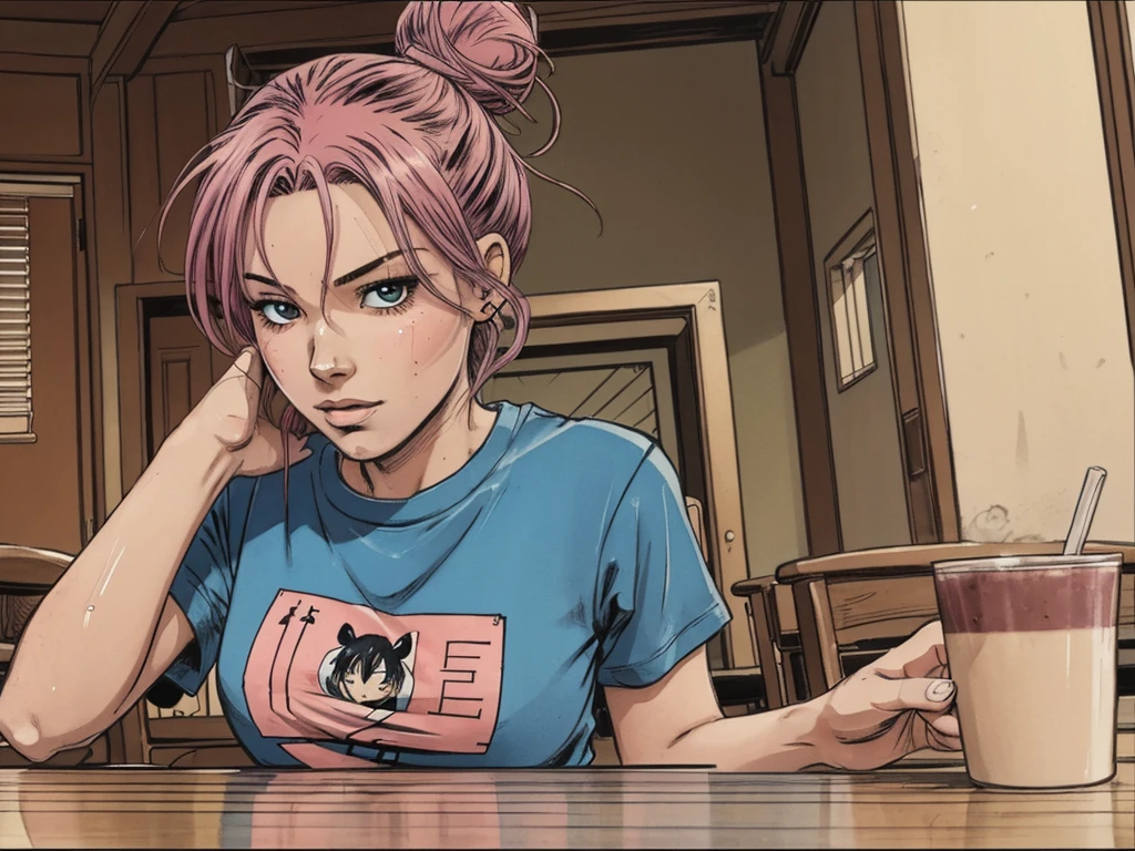 anime woman with colored hair loose bun, t-shirt, sexual tension:1.5, blush, sweat, table,
